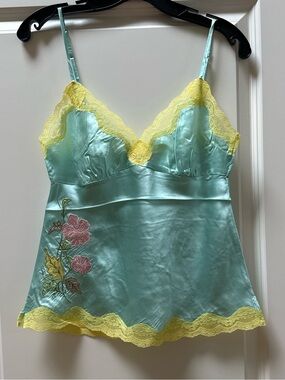 Gold Hawk 100% Silk Aqua Blue Camisole with Yellow Lace & Floral Embroidery